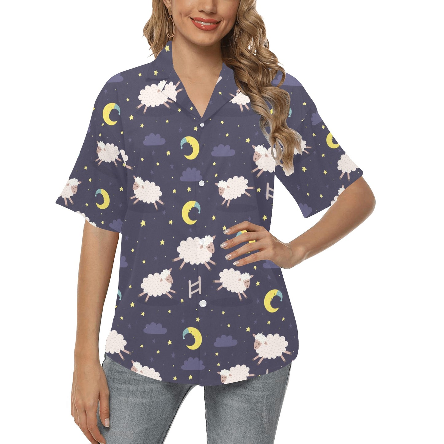 Sheep Night Pattern Print Design 02 Women's Hawaiian Shirt