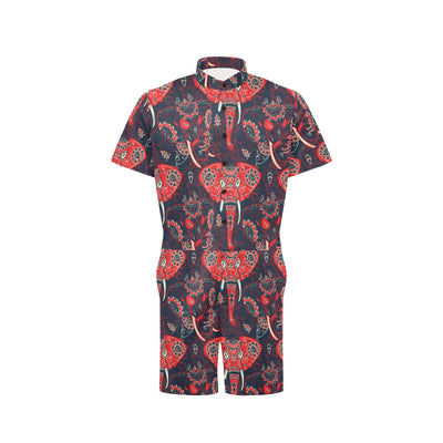 Red Indian Elephant Pattern Men's Romper