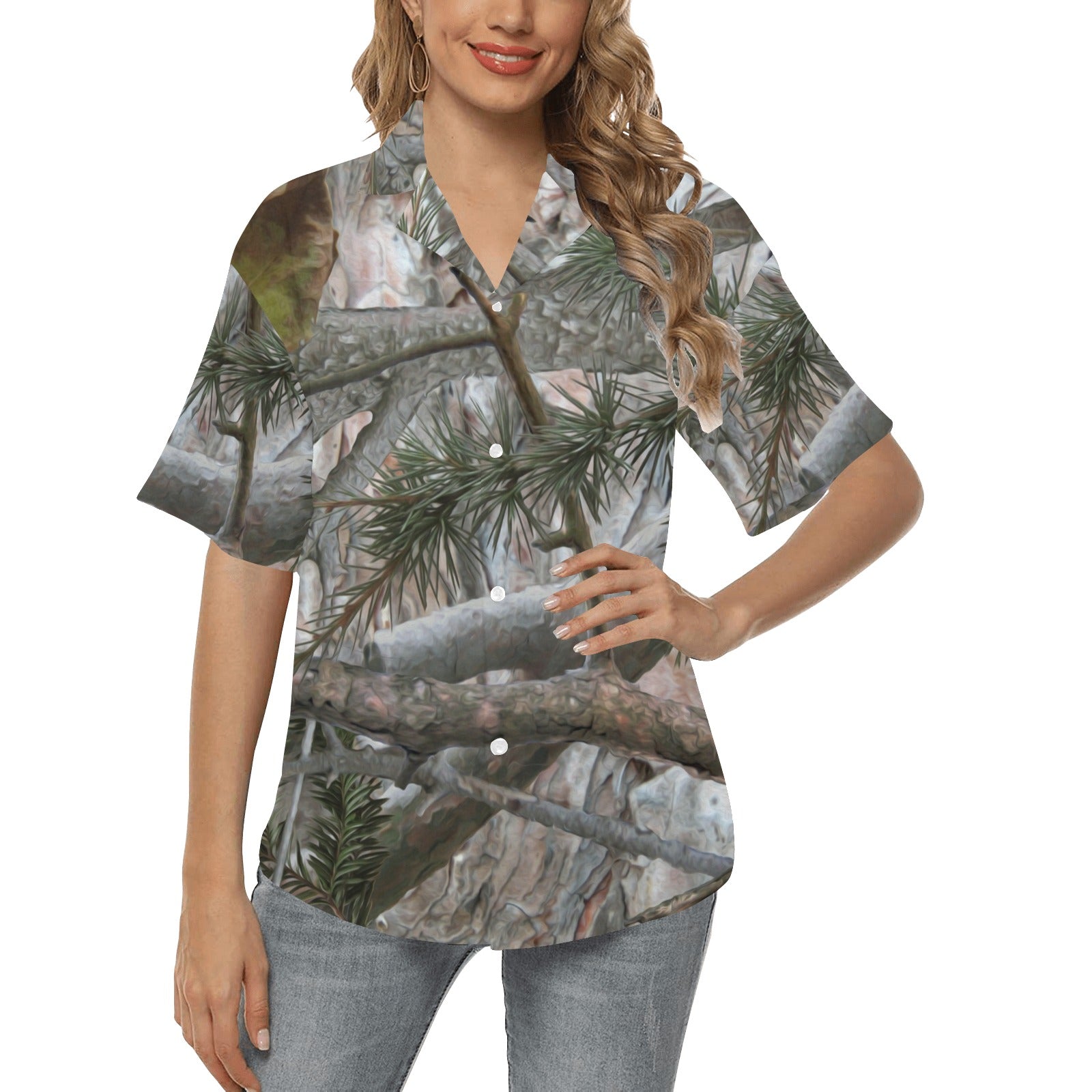 Camo Realistic Tree Forest Pattern Women's Hawaiian Shirt