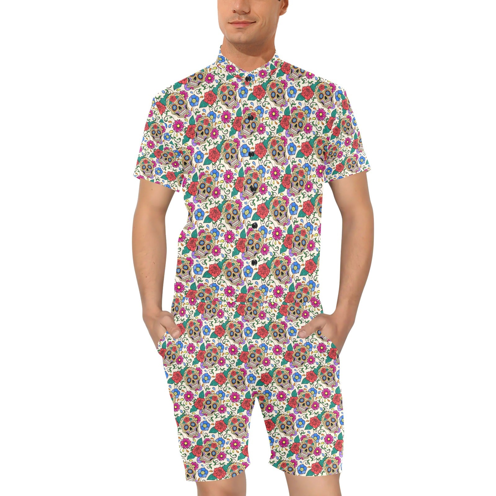 Sugar Skull Colorful Themed Print Men's Romper