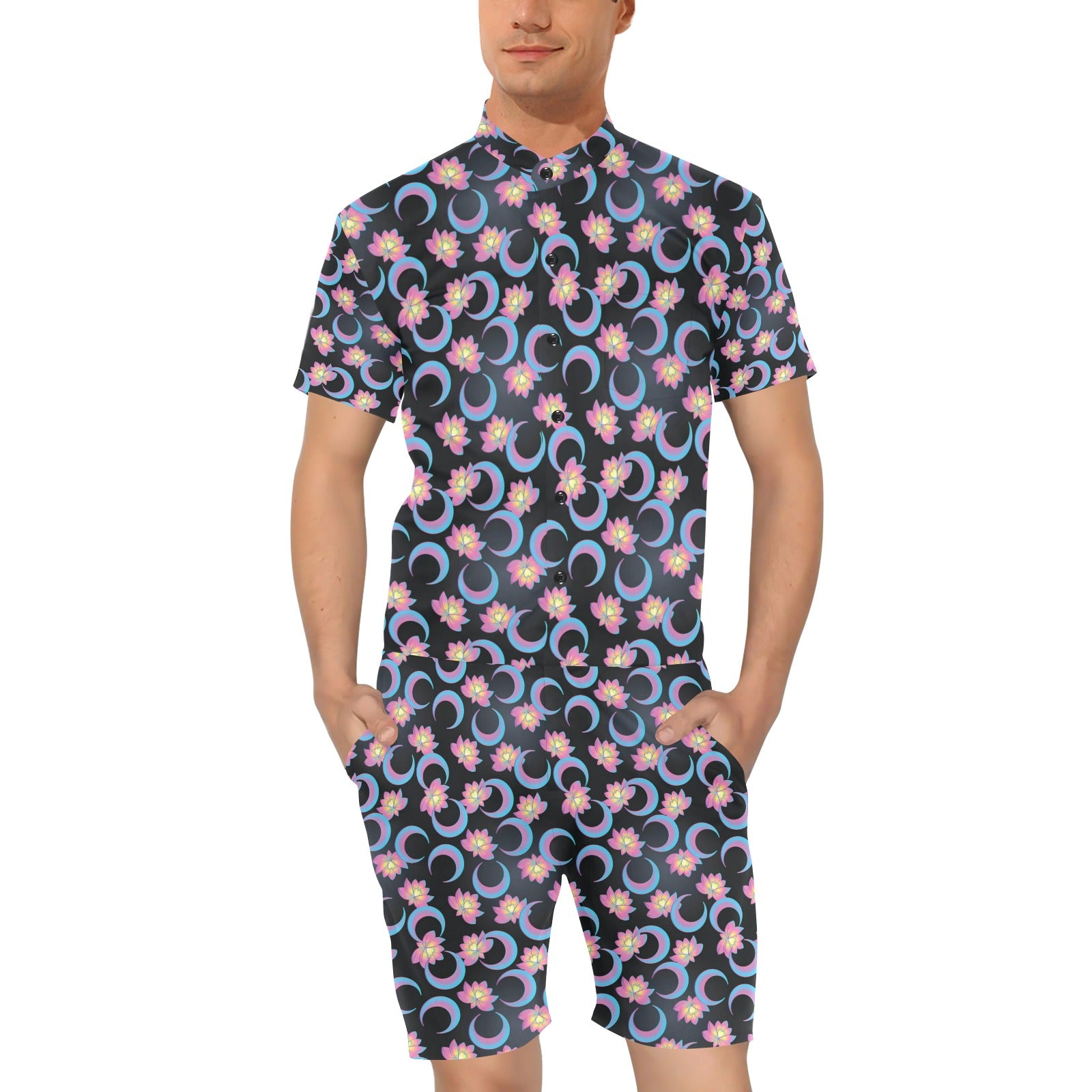 Lotus with Moon Pink Print Themed Men's Romper