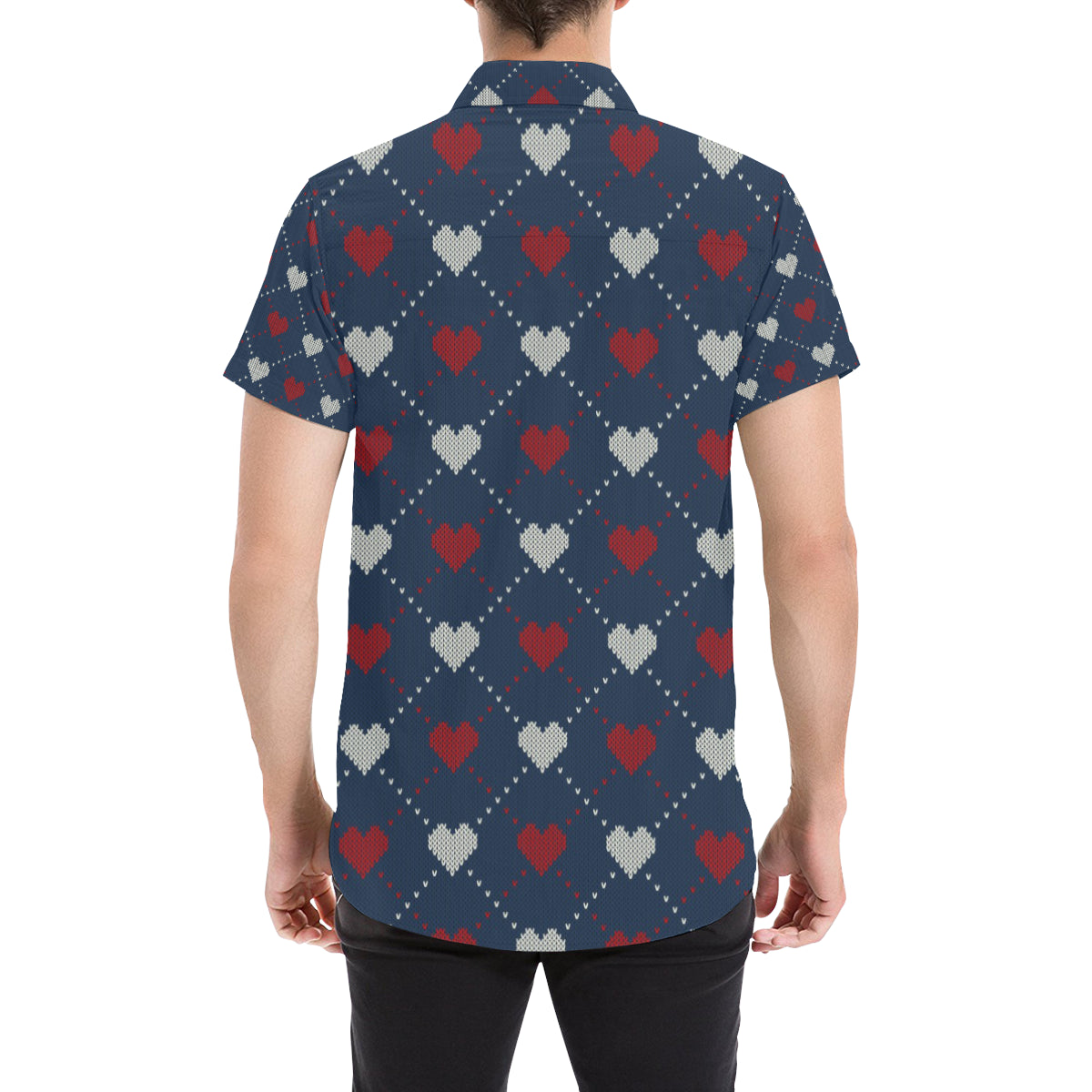 Heart Knit Pattern Print Design HE05 Men's Short Sleeve Button Up Shirt