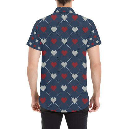 Heart Knit Pattern Print Design HE05 Men's Short Sleeve Button Up Shirt