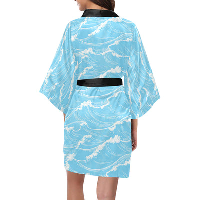 Ocean Wave Pattern Print Design A01 Women's Short Kimono