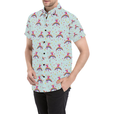 Fairy with Rainbow Print Pattern Men's Short Sleeve Button Up Shirt