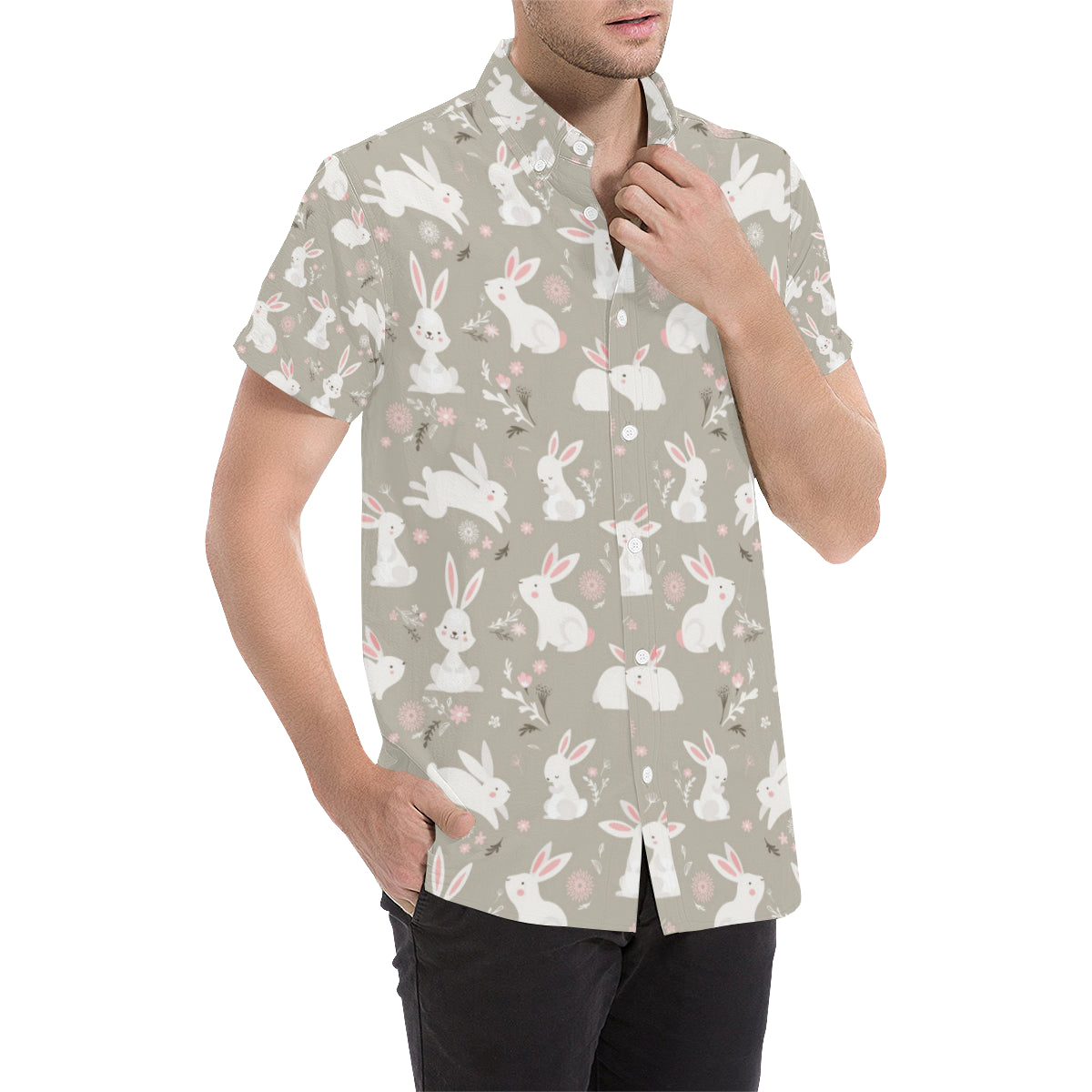 Rabbit Pattern Print Design RB03 Men's Short Sleeve Button Up Shirt