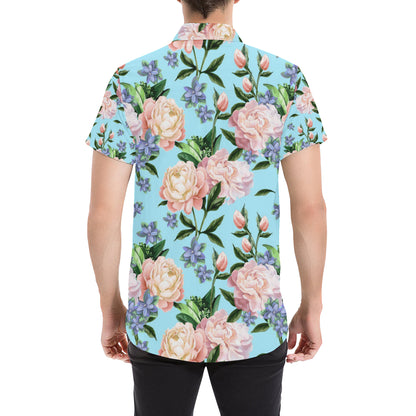 Peony Pattern Print Design PE02 Men's Short Sleeve Button Up Shirt