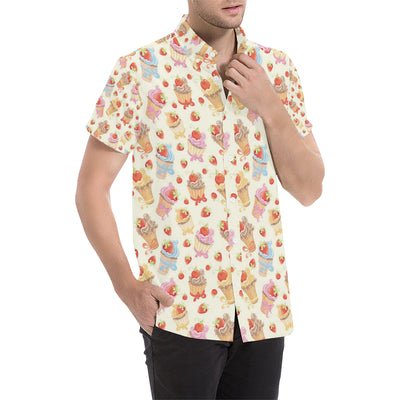 Cupcakes Strawberry Cherry Print Men's Short Sleeve Button Up Shirt