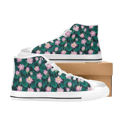 Water Lily Print Design LKS302 High Top Women's White Shoes