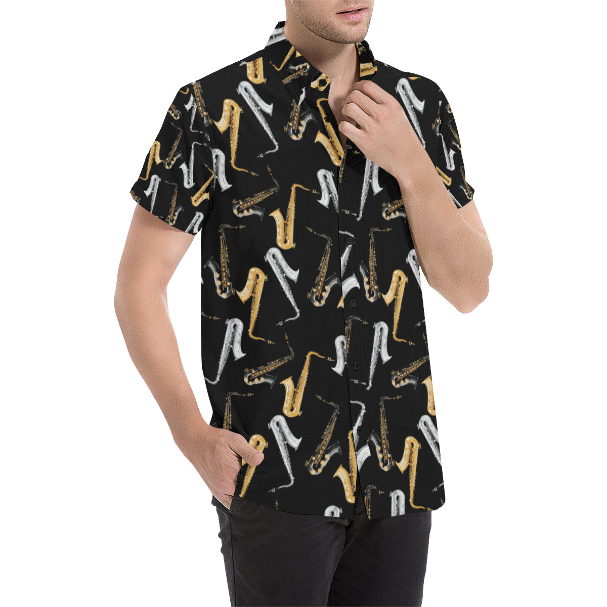 Saxophone Pattern Print Design 01 Men's Short Sleeve Button Up Shirt