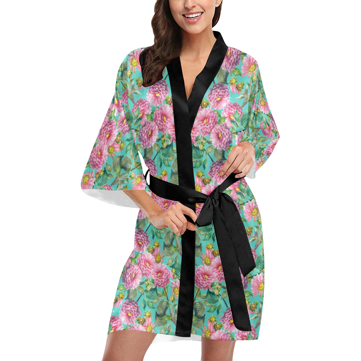 Dahlia Pattern Print Design DH07 Women's Short Kimono