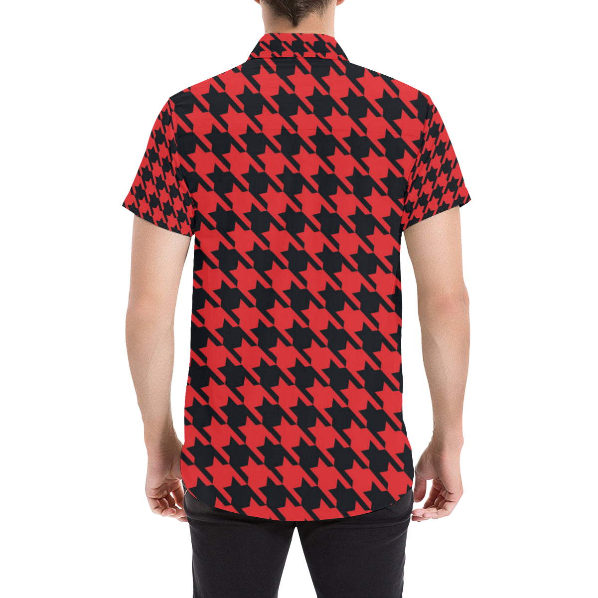Houndstooth Red Pattern Print Design 03 Men's Short Sleeve Button Up Shirt