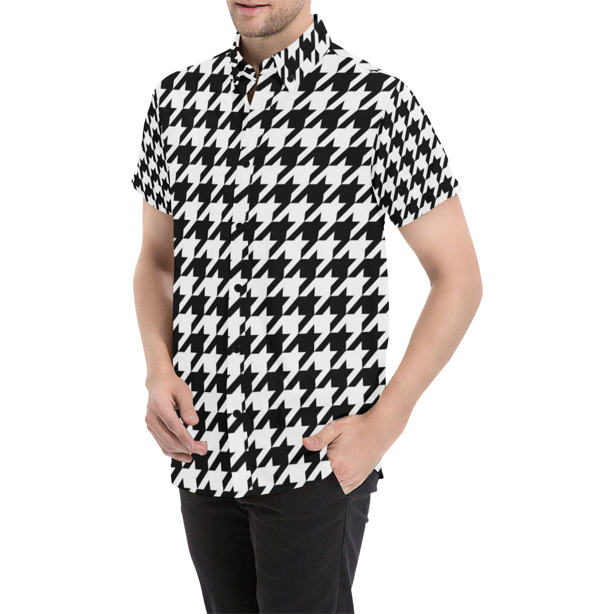 Houndstooth Black White  Pattern Print Design 05 Men's Short Sleeve Button Up Shirt
