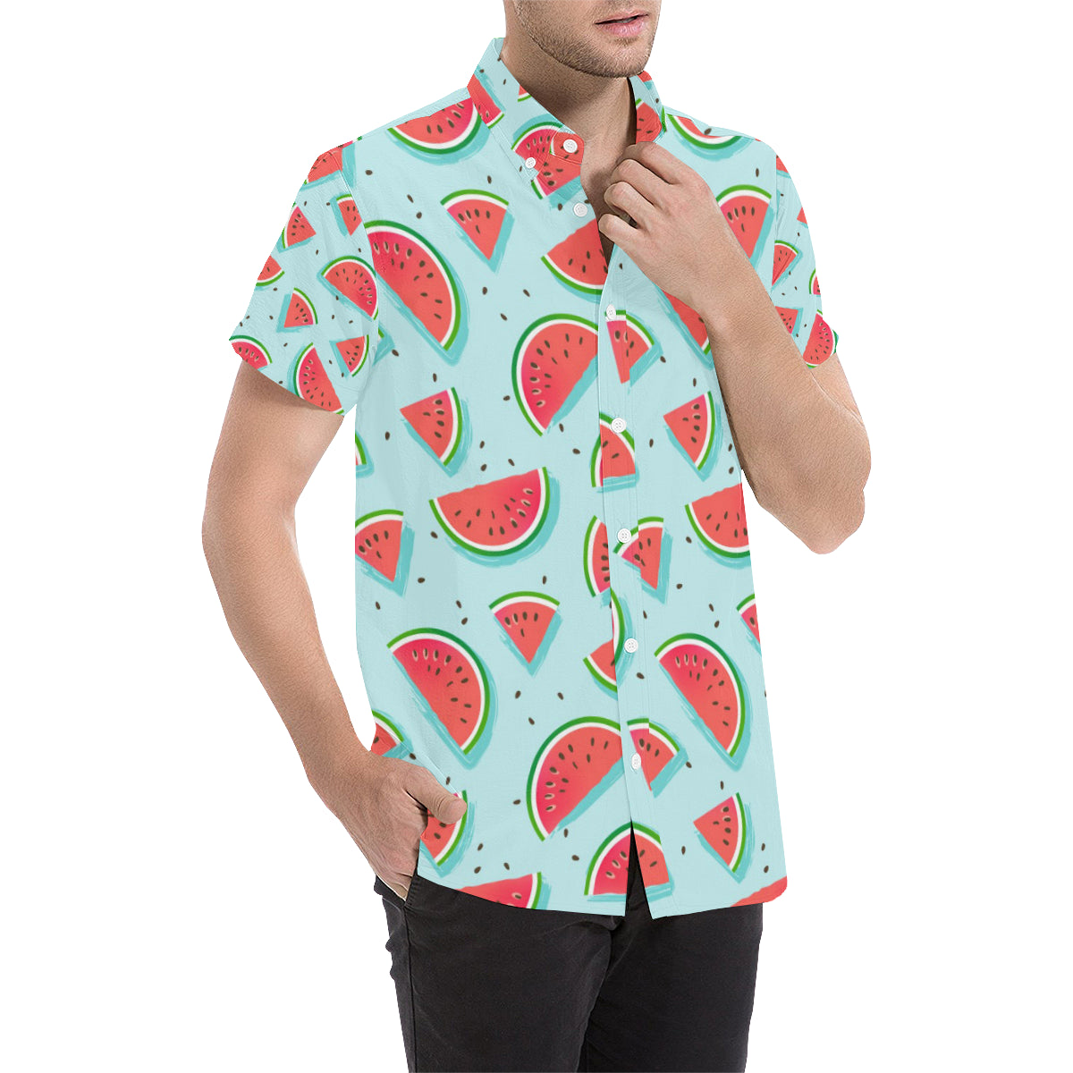 Watermelon Pattern Print Design WM03 Men's Short Sleeve Button Up Shirt