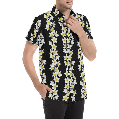 White Plumeria Pattern Print Design PM08 Men's Short Sleeve Button Up Shirt