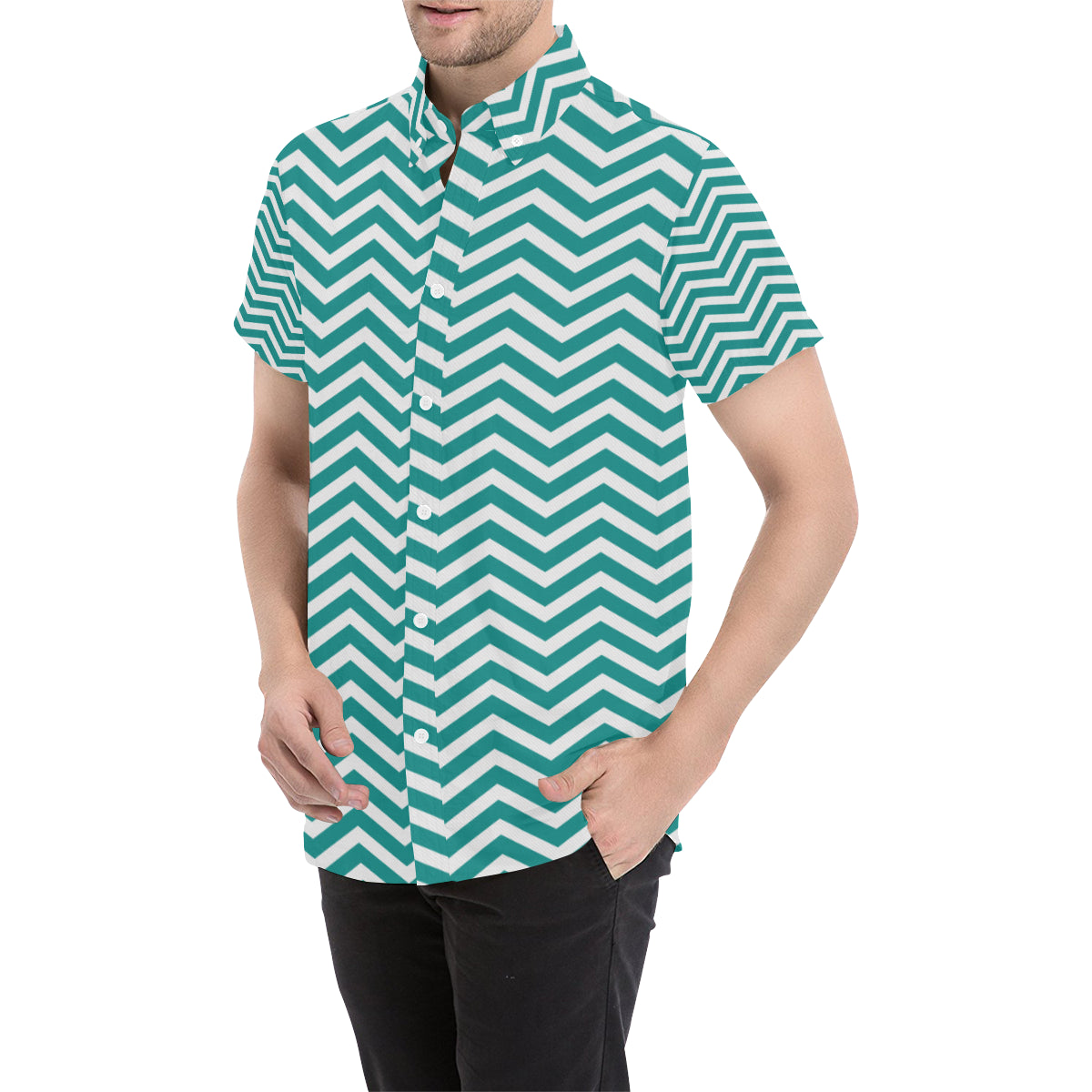 Chevron Teal Pattern Print Design 02 Men's Short Sleeve Button Up Shirt