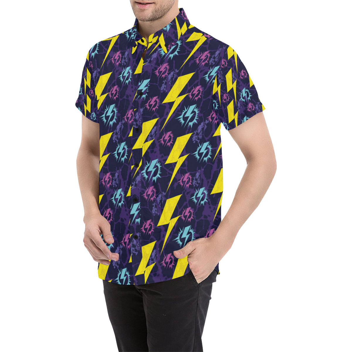 Lightning Thunder Pattern Print Design 01 Men's Short Sleeve Button Up Shirt