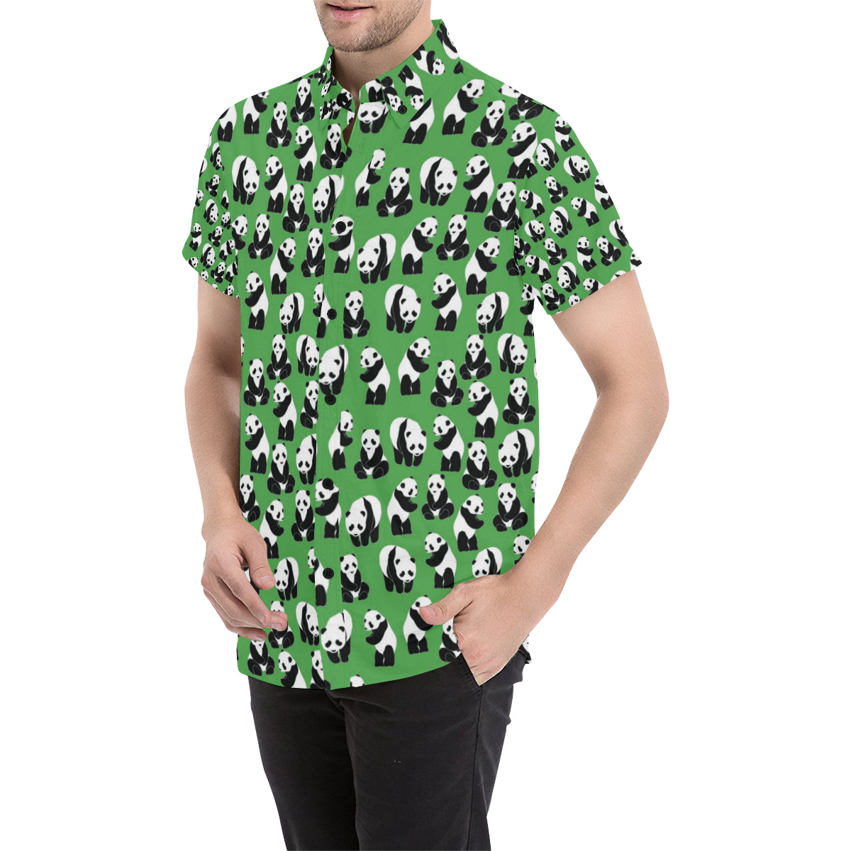 Panda Bear Pattern Themed Print Men's Short Sleeve Button Up Shirt