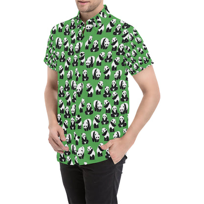 Panda Bear Pattern Themed Print Men's Short Sleeve Button Up Shirt