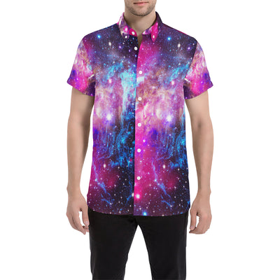 Galaxy Night Purple Space Print Men's Short Sleeve Button Up Shirt