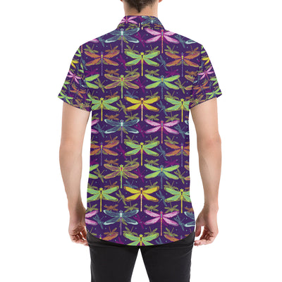 Dragonfly Neon Color Print Pattern Men's Short Sleeve Button Up Shirt