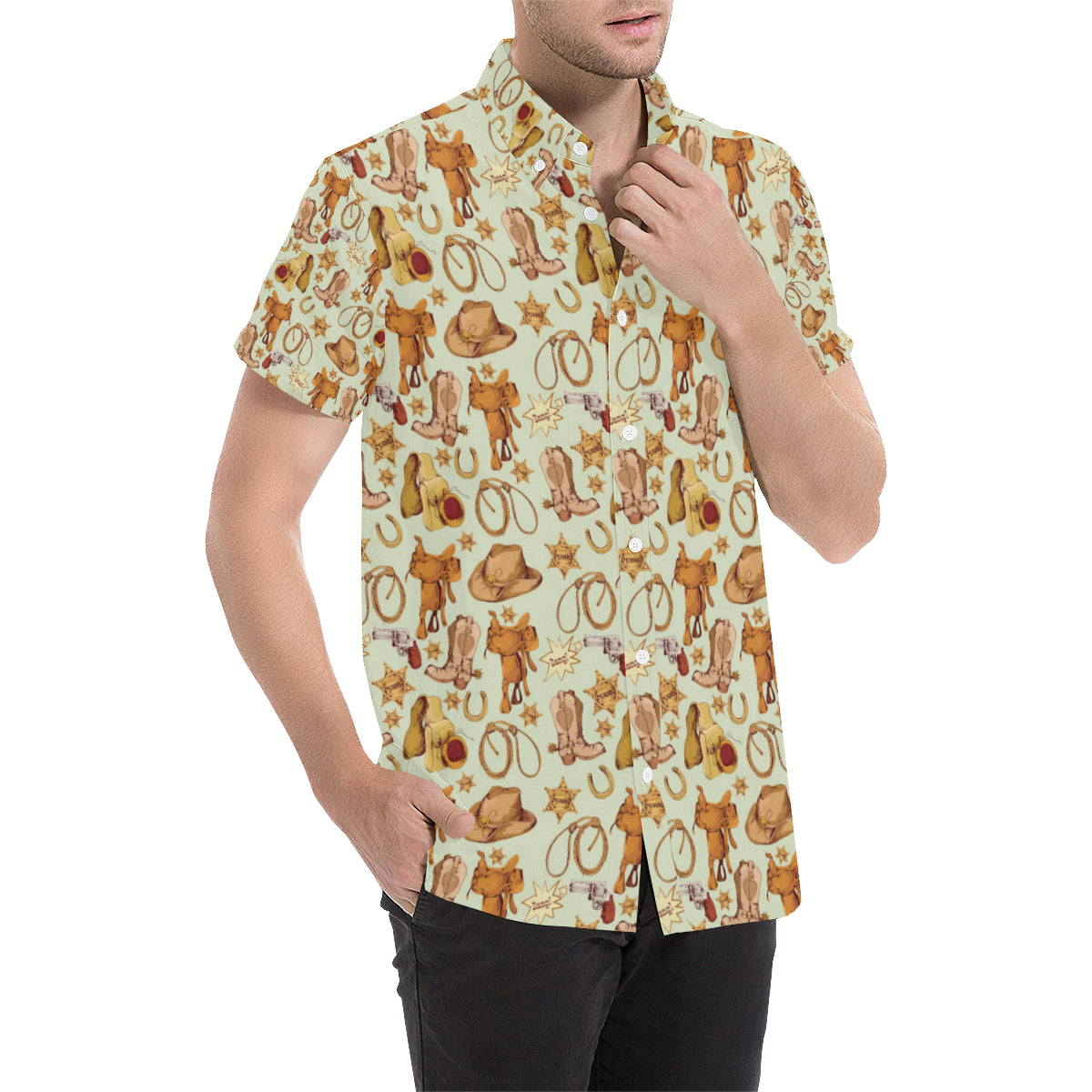 Western Cowboy Design Pattern Men's Short Sleeve Button Up Shirt