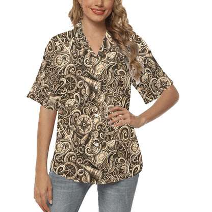 Nautical Tattoo Design Themed Print Women's Hawaiian Shirt