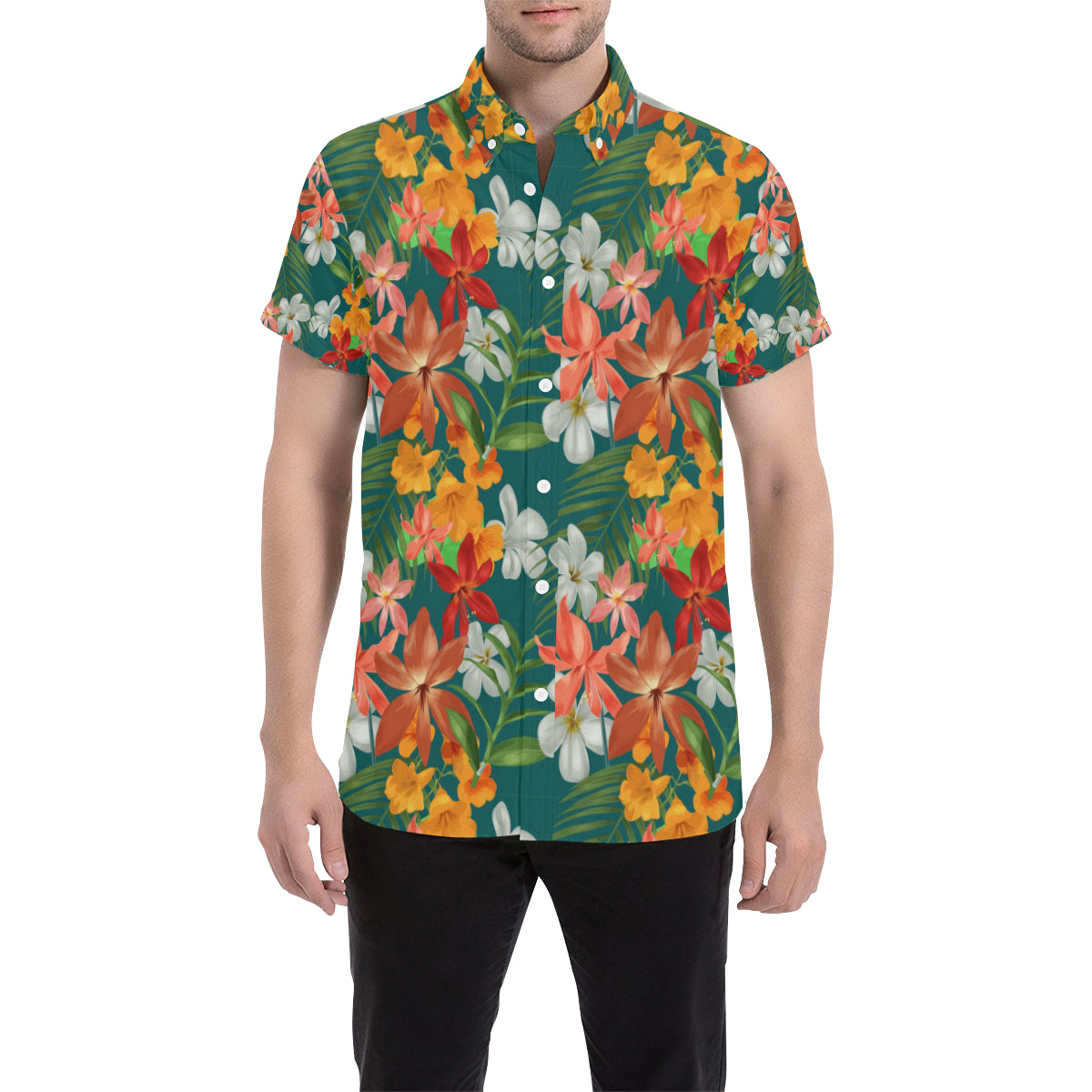 Amaryllis Pattern Print Design AL06 Men's Short Sleeve Button Up Shirt