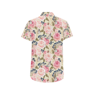 Floral Pink Butterfly Print Men's Short Sleeve Button Up Shirt