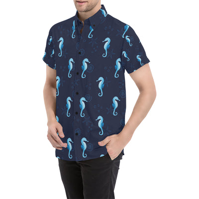 SeaHorse Blue neon Pattern Print Design 03 Men's Short Sleeve Button Up Shirt