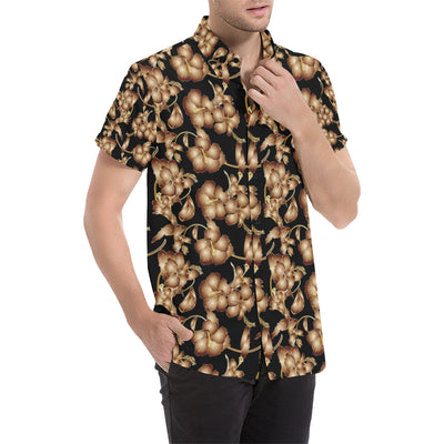 Brown Hibiscus Pattern Print Design HB06 Men's Short Sleeve Button Up Shirt