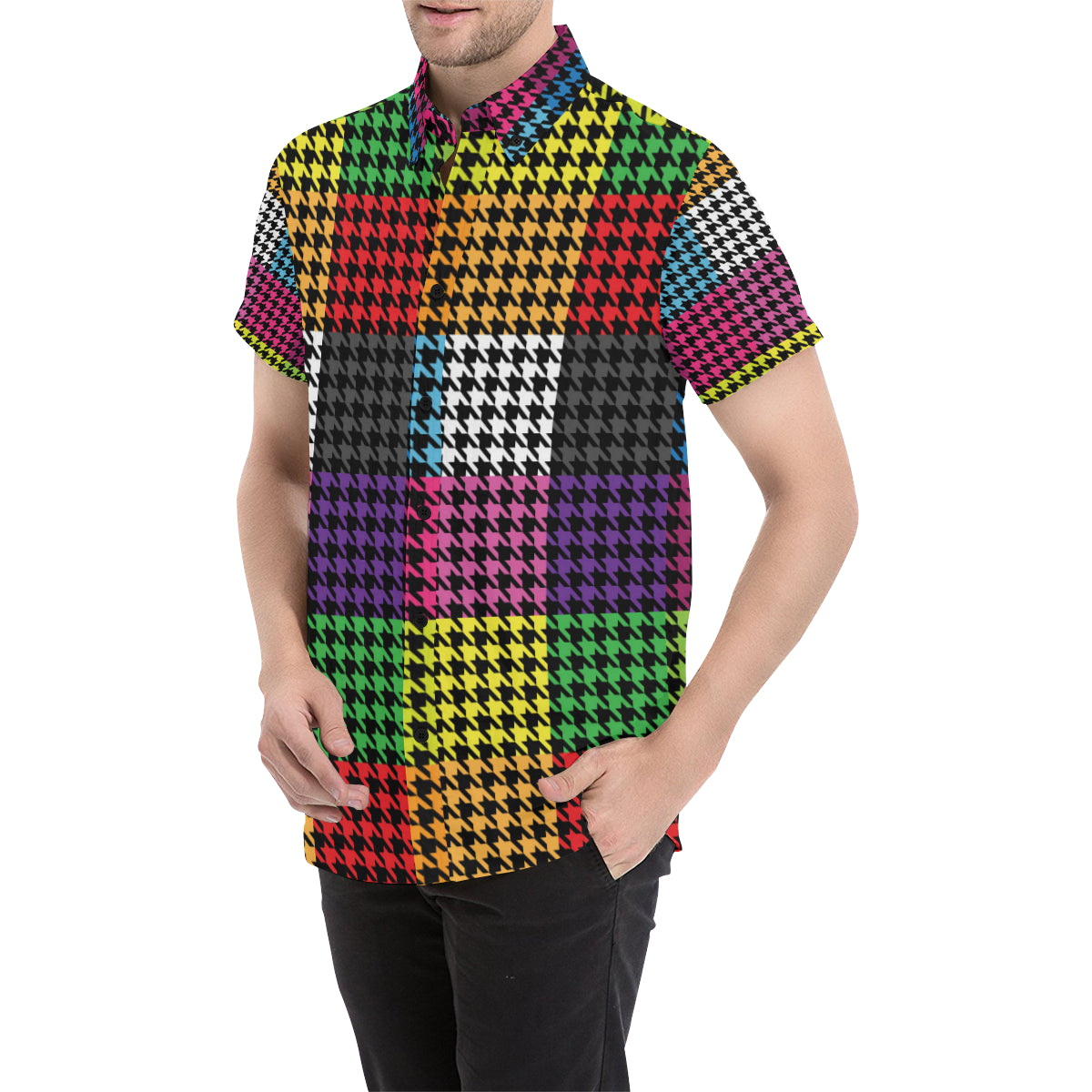 Houndstooth Colorful Pattern Print Design 01 Men's Short Sleeve Button Up Shirt