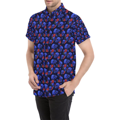 Skull Roses Neon Design Themed Print Men's Short Sleeve Button Up Shirt