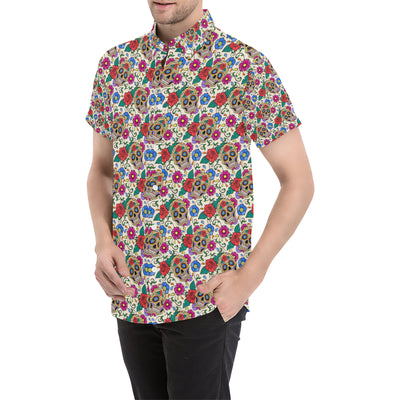 Sugar Skull Colorful Themed Print Men's Short Sleeve Button Up Shirt