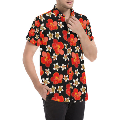 Red Hibiscus Pattern Print Design HB022 Men's Short Sleeve Button Up Shirt