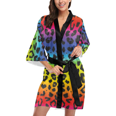 Rainbow Leopard Pattern Print Design A01 Women's Short Kimono