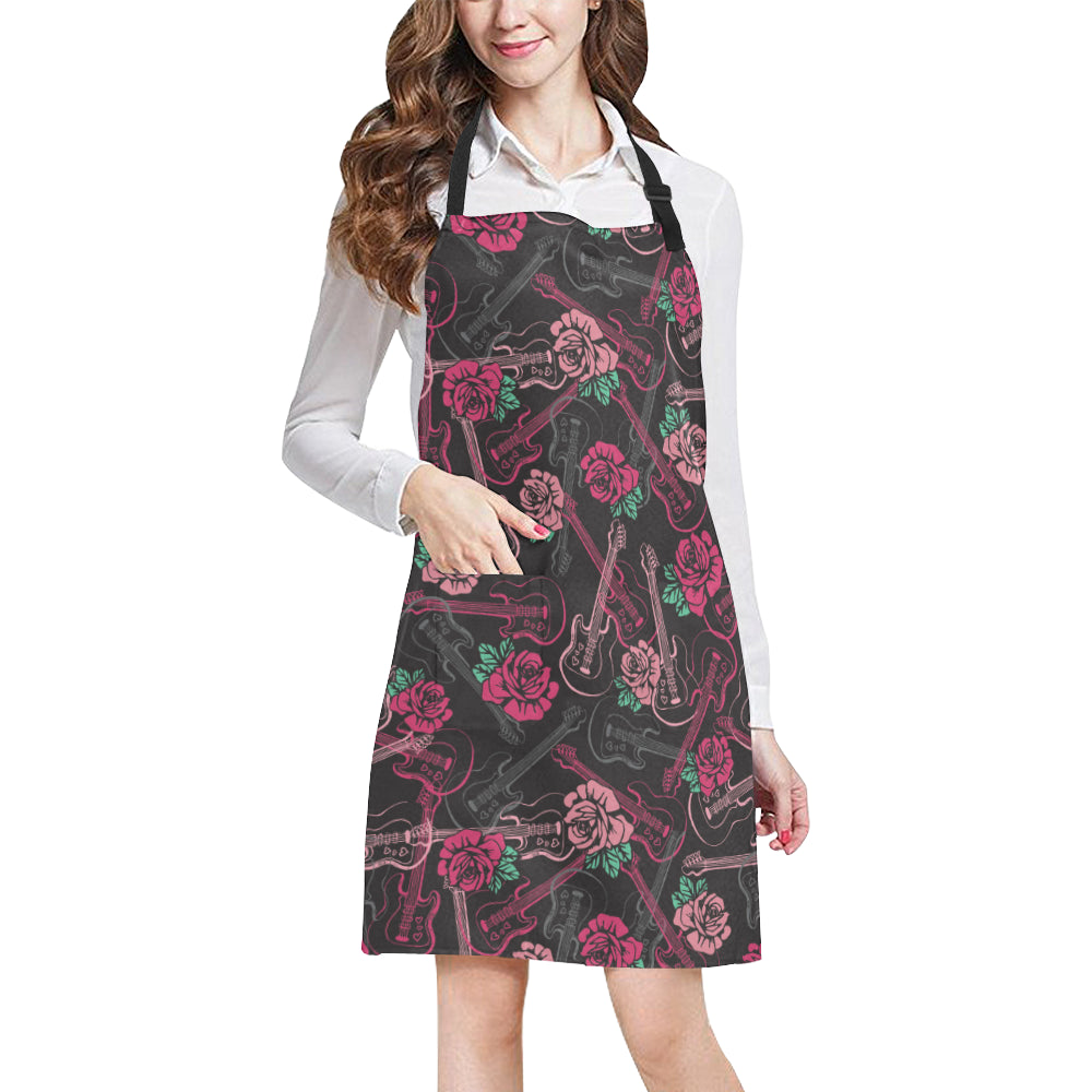 Bass Guitar Pink Rose Pattern Print Design 01 Apron with Pocket