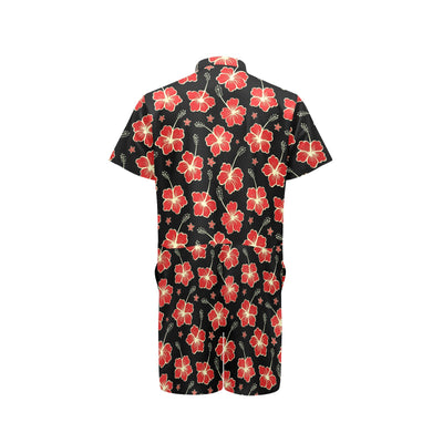 Red Hibiscus Pattern Print Design HB021 Men's Romper