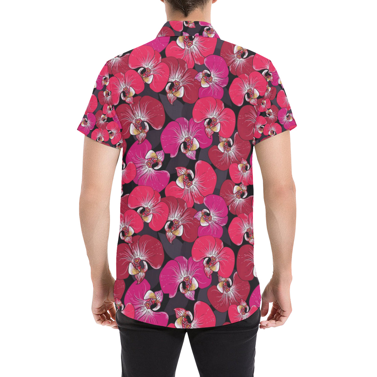 Orchid Red Pattern Print Design OR05 Men's Short Sleeve Button Up Shirt