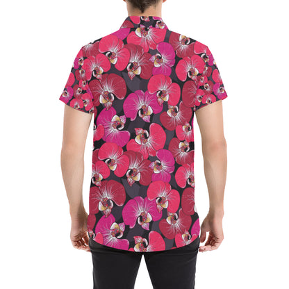 Orchid Red Pattern Print Design OR05 Men's Short Sleeve Button Up Shirt