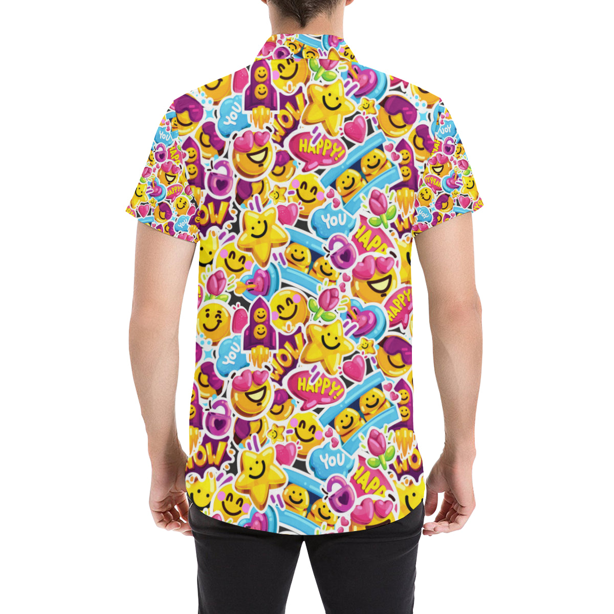 Emoji Sticker Print Pattern Men's Short Sleeve Button Up Shirt