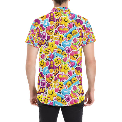 Emoji Sticker Print Pattern Men's Short Sleeve Button Up Shirt