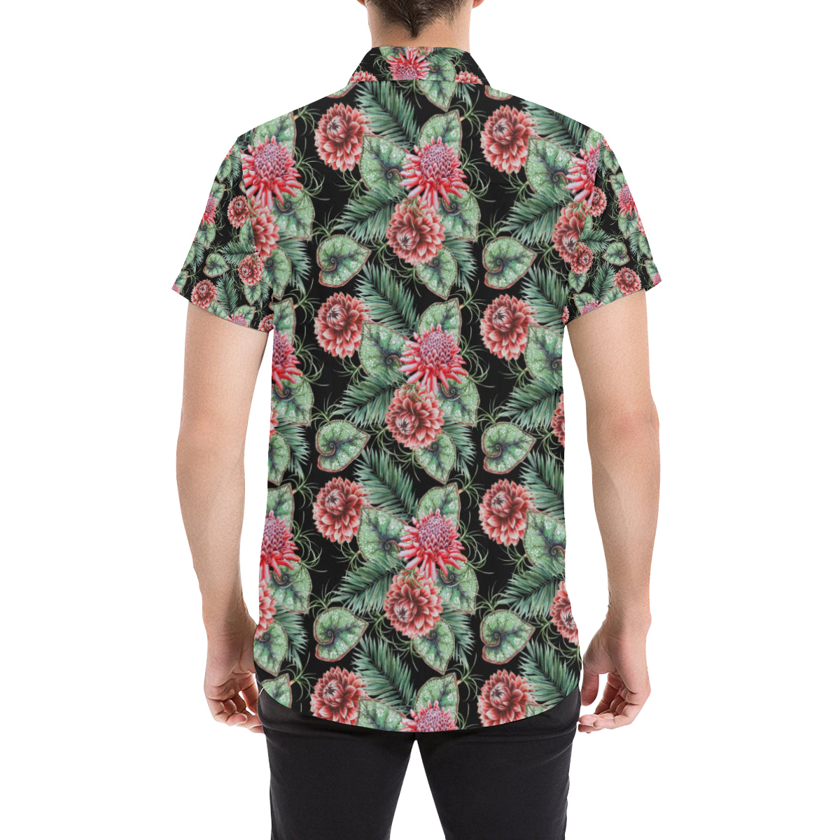Dahlia Pattern Print Design DH06 Men's Short Sleeve Button Up Shirt