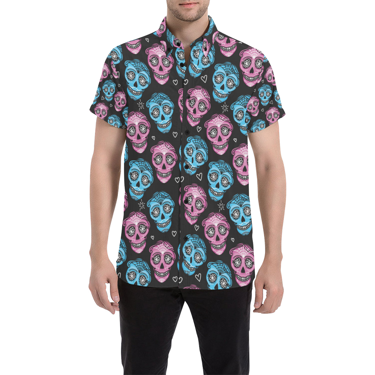 Day of the Dead Skull Print Pattern Men's Short Sleeve Button Up Shirt