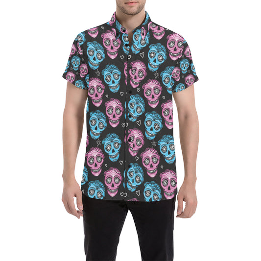 Day of the Dead Skull Print Pattern Men's Short Sleeve Button Up Shirt