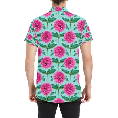 Dahlia Pattern Print Design DH08 Men's Short Sleeve Button Up Shirt