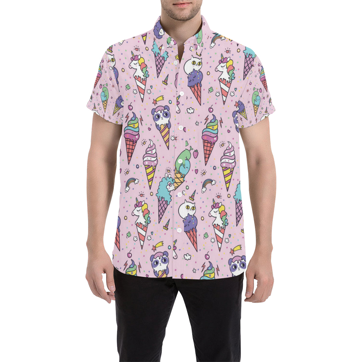 Ice Cream Pattern Print Design IC05 Men's Short Sleeve Button Up Shirt