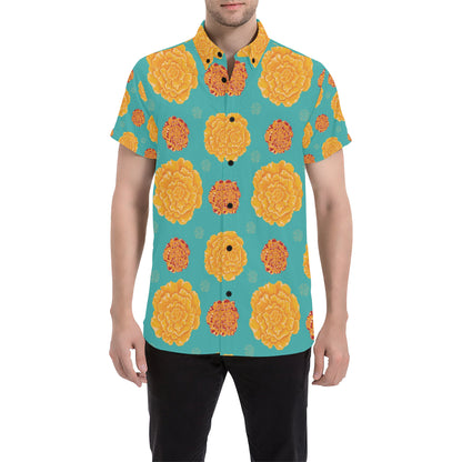 Marigold Pattern Print Design 02 Men's Short Sleeve Button Up Shirt