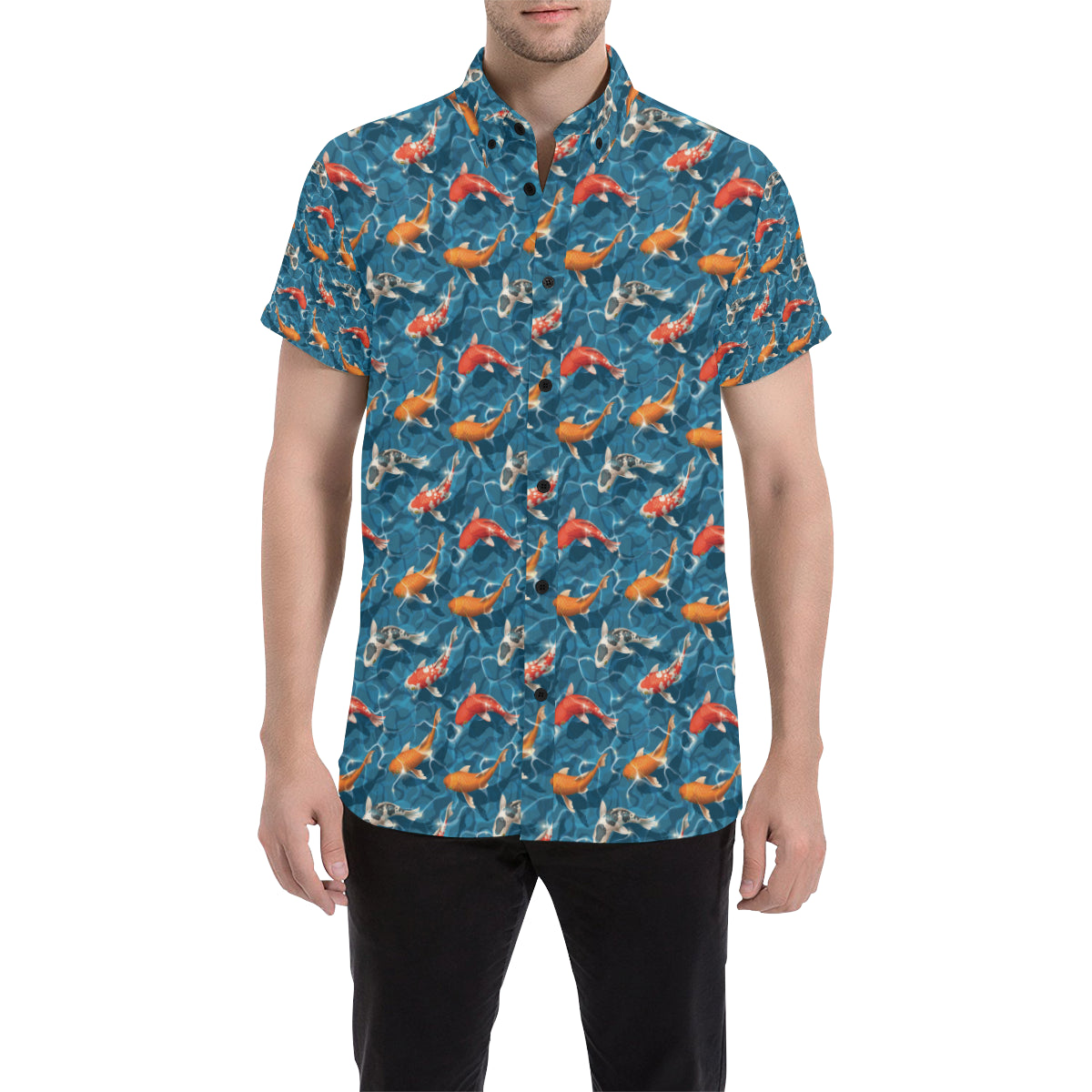 Koi Carp Water Design Themed Print Men's Short Sleeve Button Up Shirt