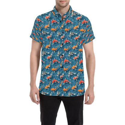 Koi Carp Water Design Themed Print Men's Short Sleeve Button Up Shirt